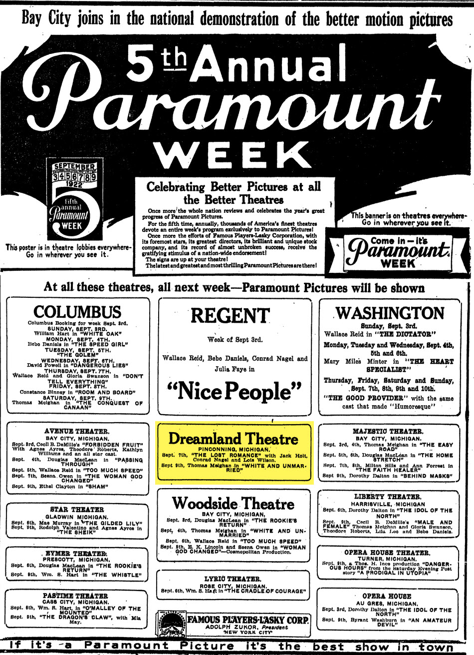 Whyte Theatre - Sept 1922 Nice Listing Of Old Theaters